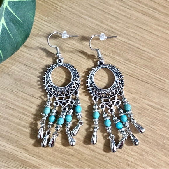 Round Drop Tassel Turquoise Filigree Boho Earrings - Picture 3 of 4